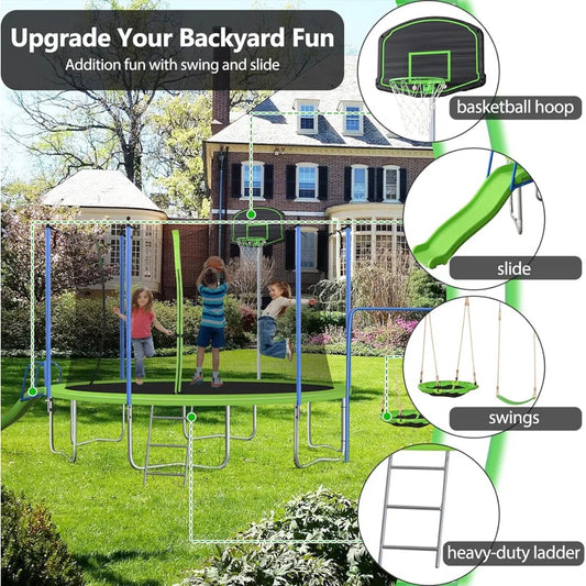 12FT Trampoline With Slide And Swings, ASTM Approved Large Recreational Trampoline With Basketball Hoop And Ladder,Outdoor Backyard Trampoline With Net, Capacity For Kids And Adults