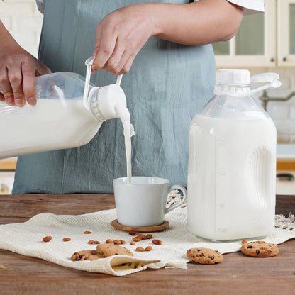 4 Pack 64 Oz  Glass Milk Jug Pitcher, Juice Bottles with Handle and Pour Spouts for Water, Juice Clear