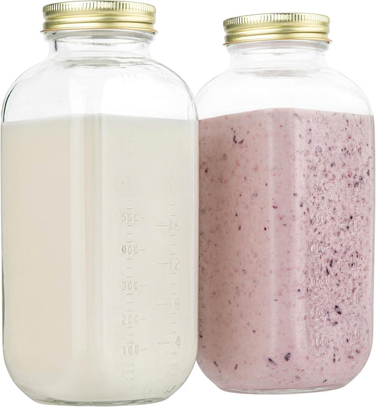 Large Glass Dairy Bottles for Milk, Yogurt, and More – 32Oz Containers with Measurement Markings, Airtight Lids – Pack of 2
