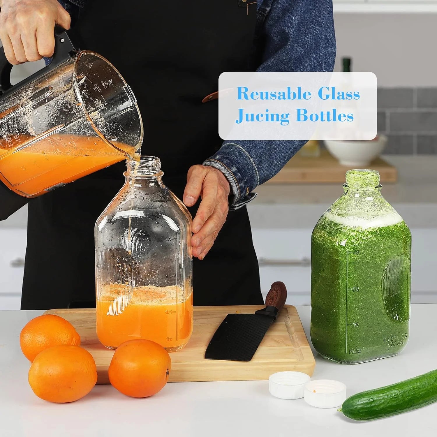 4 Pack 64 Oz  Glass Milk Jug Pitcher, Juice Bottles with Handle and Pour Spouts for Water, Juice Clear