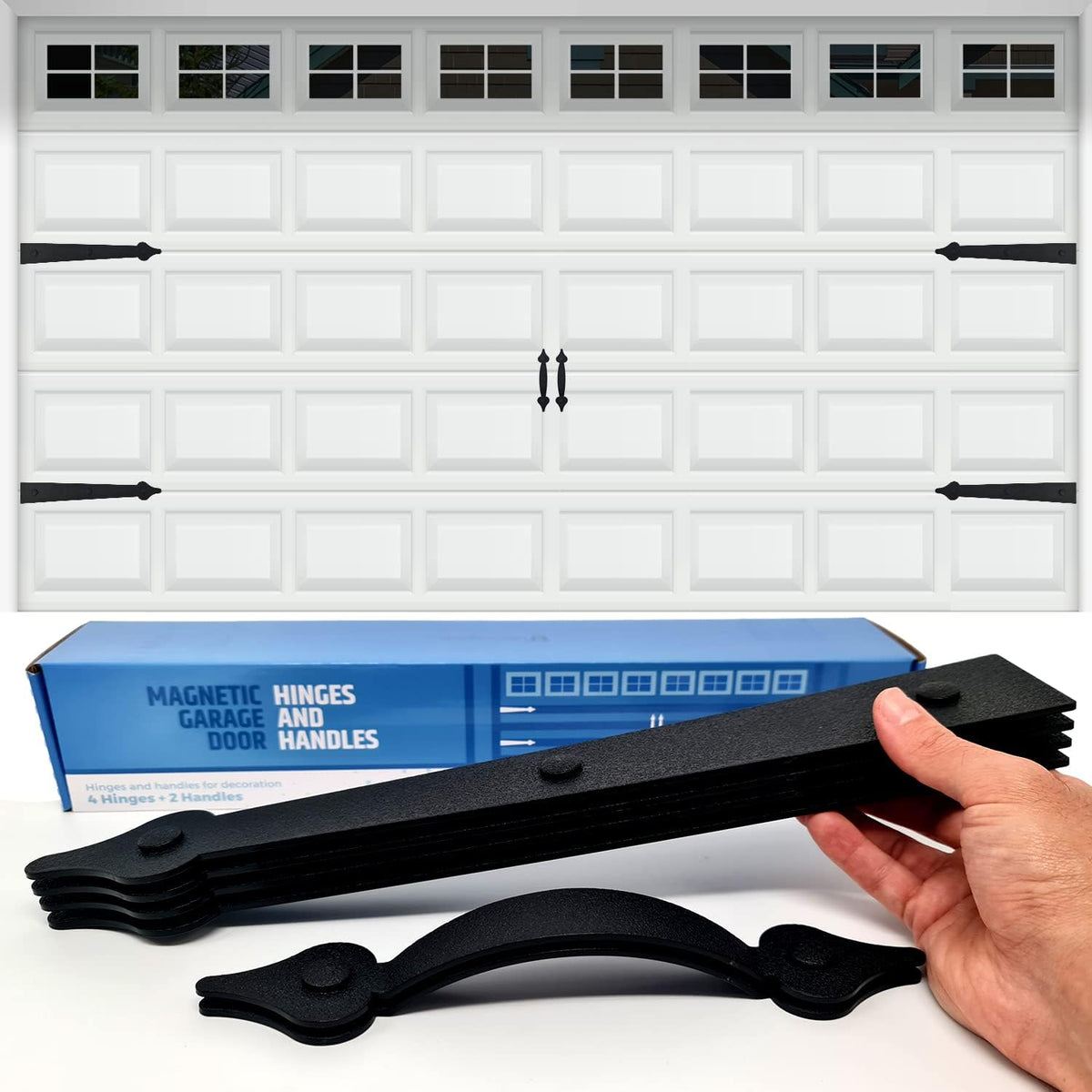 Heavy Duty Magnetic Garage Door Hardware Set - Will Not Slip or Fall – 4 Hinges, 2 Handles