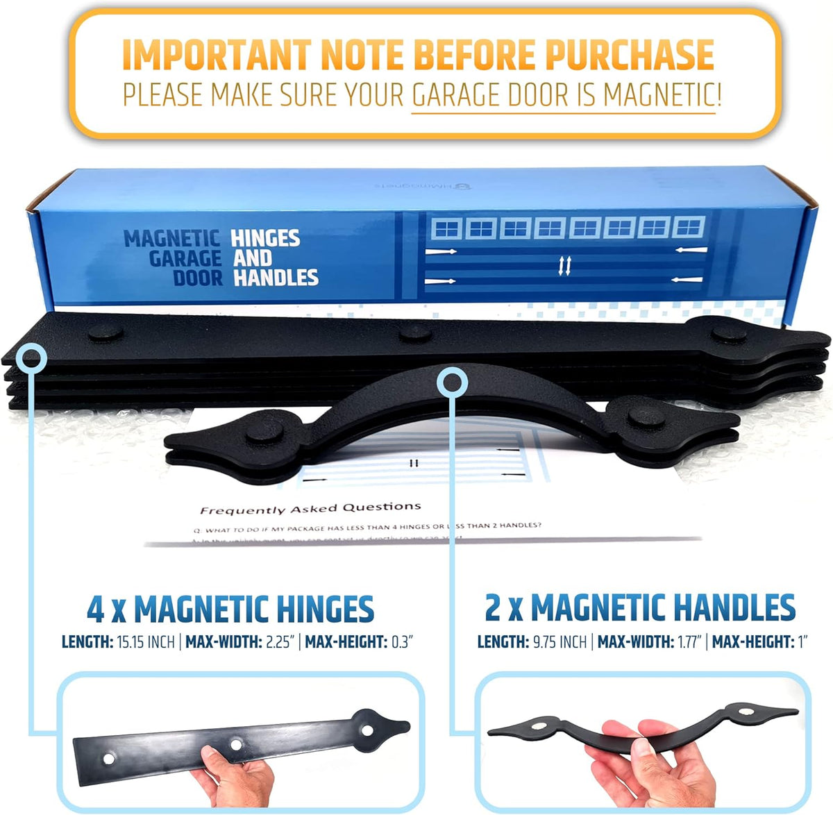 Heavy Duty Magnetic Garage Door Hardware Set - Will Not Slip or Fall – 4 Hinges, 2 Handles