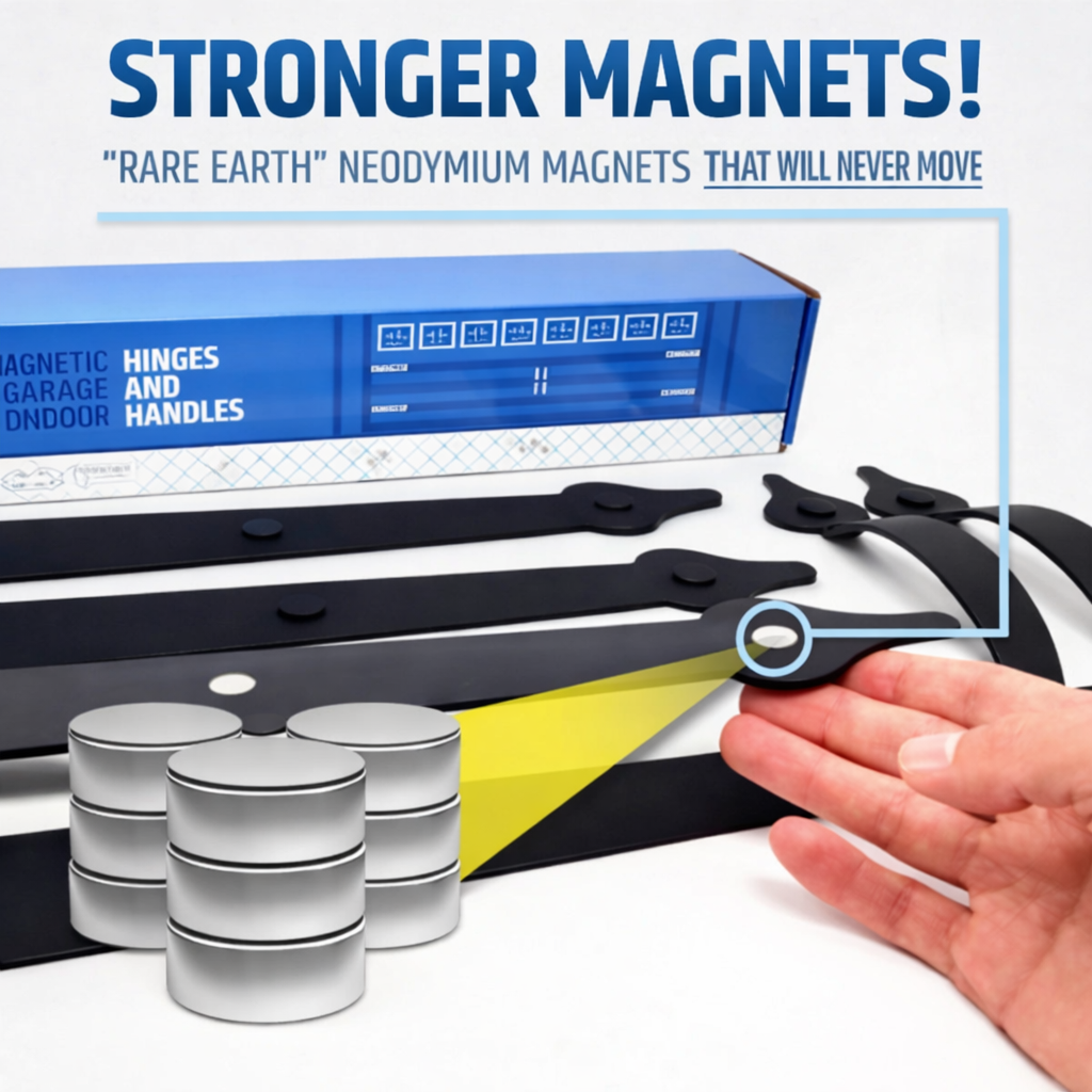 Heavy Duty Magnetic Garage Door Hardware Set - Will Not Slip or Fall – 4 Hinges, 2 Handles