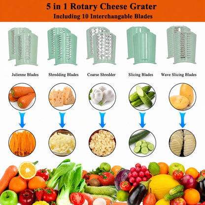 Rotary Cheese Grater/ Shredder /Manual Vegetable Slicer/ Nuts Grinder /Round Mandolin Slicer with Handle and 5 Drum Blades