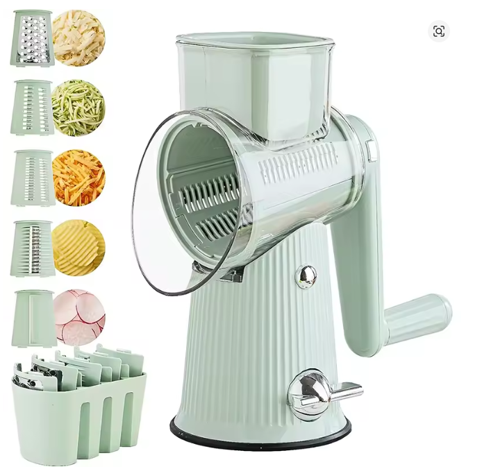Rotary Cheese Grater/ Shredder /Manual Vegetable Slicer/ Nuts Grinder /Round Mandolin Slicer with Handle and 5 Drum Blades