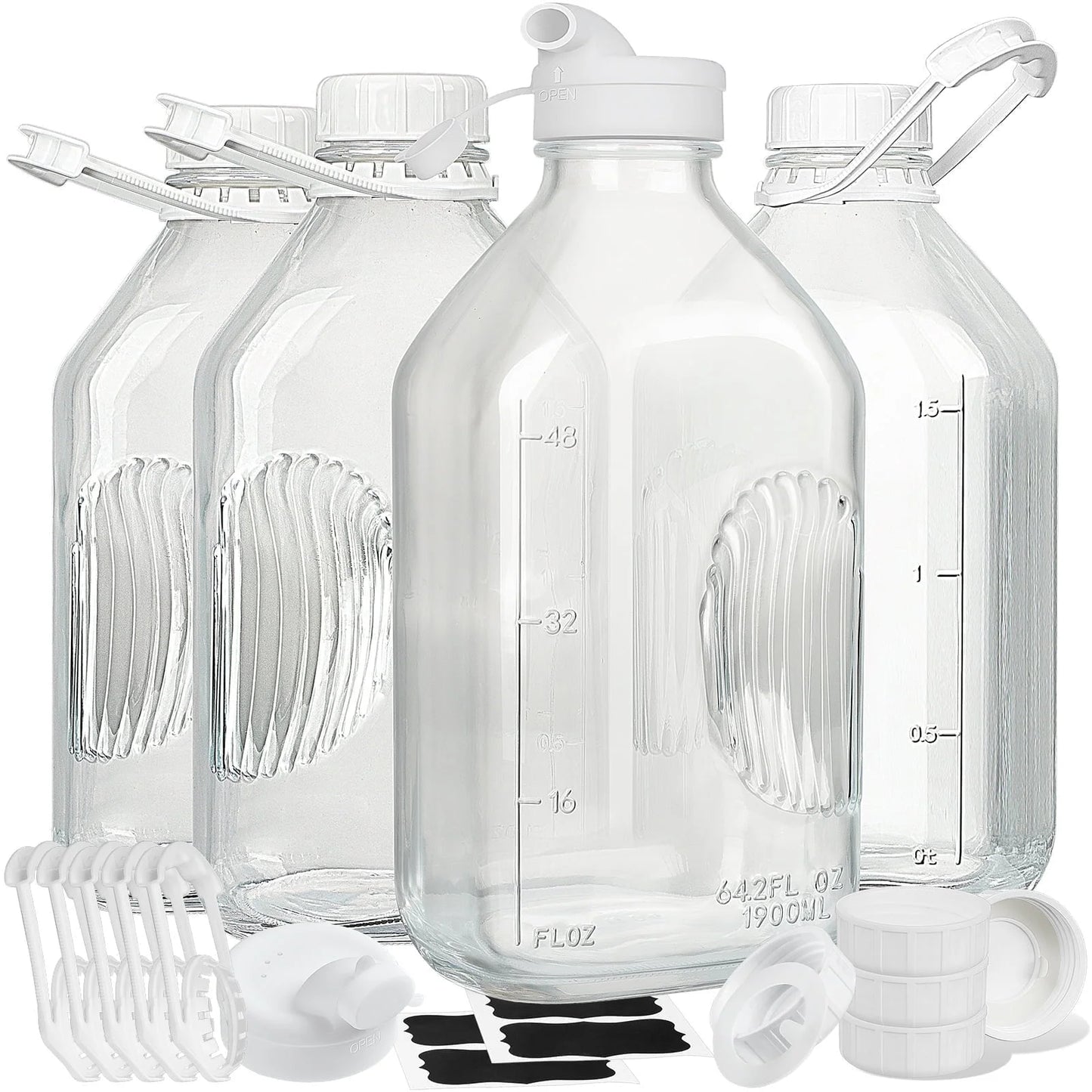 4 Pack 64 Oz  Glass Milk Jug Pitcher, Juice Bottles with Handle and Pour Spouts for Water, Juice Clear