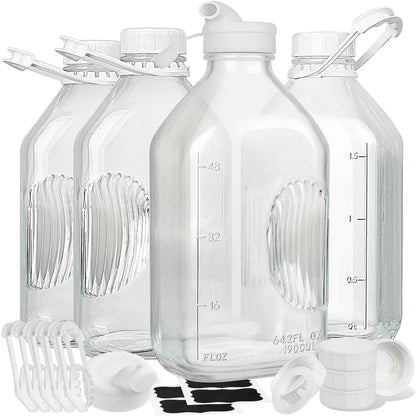 4 Pack 64 Oz  Glass Milk Jug Pitcher, Juice Bottles with Handle and Pour Spouts for Water, Juice Clear