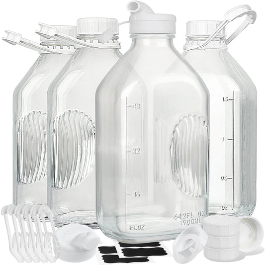 4 Pack 64 Oz  Glass Milk Jug Pitcher, Juice Bottles with Handle and Pour Spouts for Water, Juice Clear