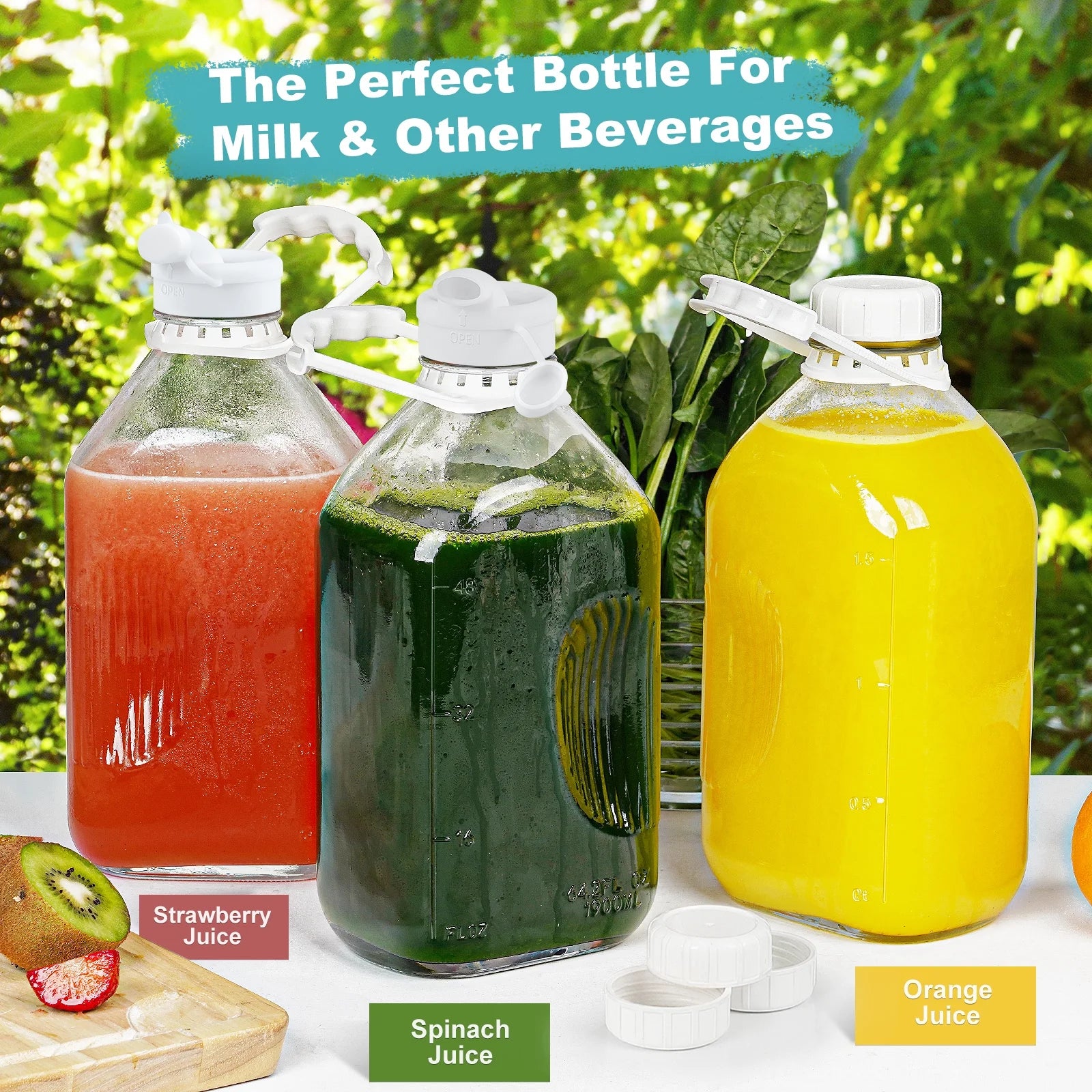 4 Pack 64 Oz  Glass Milk Jug Pitcher, Juice Bottles with Handle and Pour Spouts for Water, Juice Clear