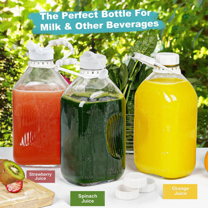 4 Pack 64 Oz  Glass Milk Jug Pitcher, Juice Bottles with Handle and Pour Spouts for Water, Juice Clear